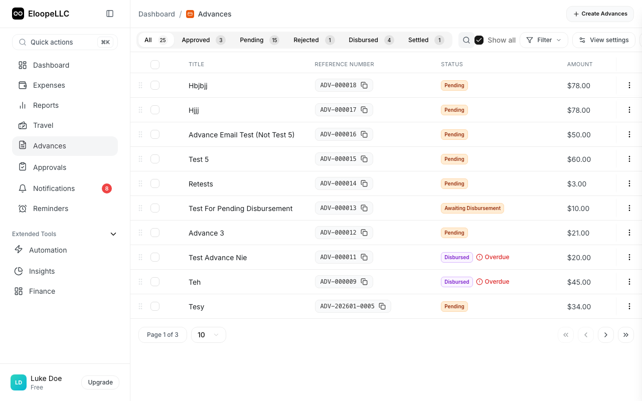 The New Advance form with all fields visible