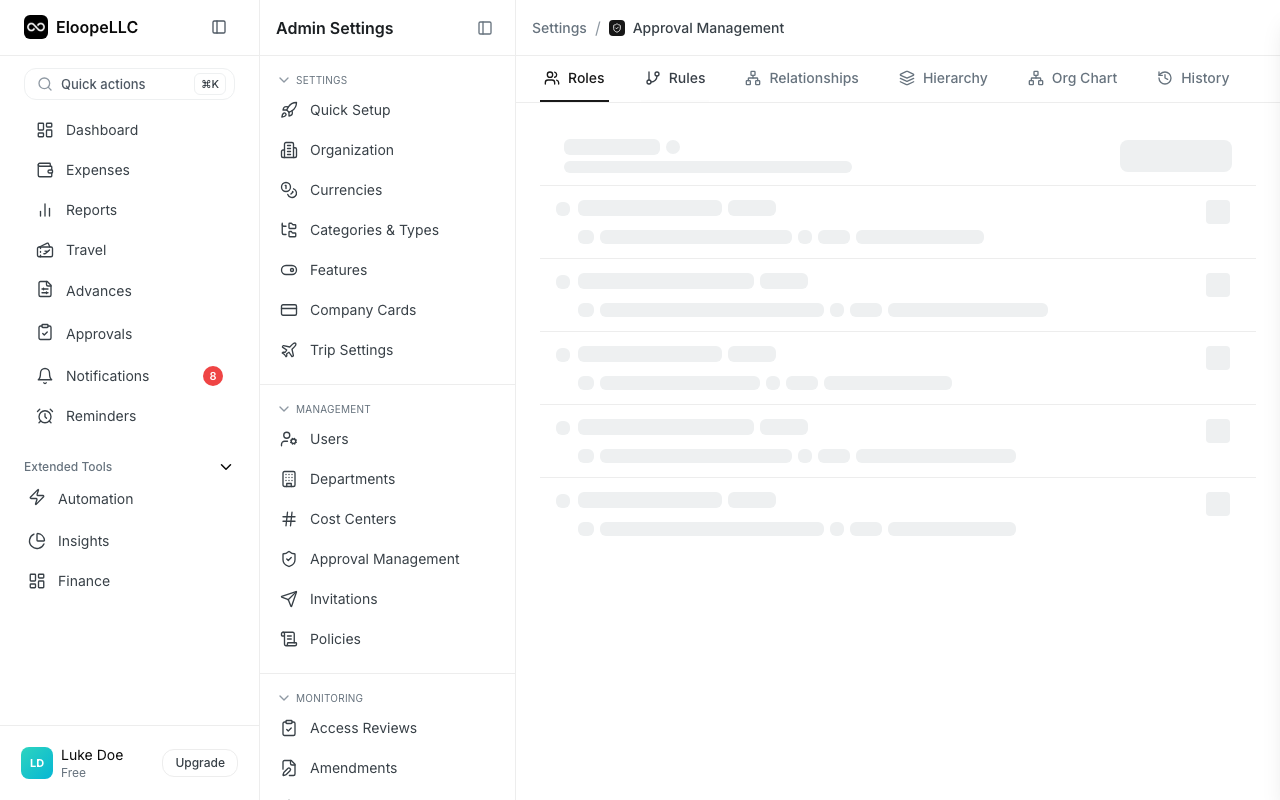 Admin settings showing amount-based approval routing configuration with threshold fields and approver assignments