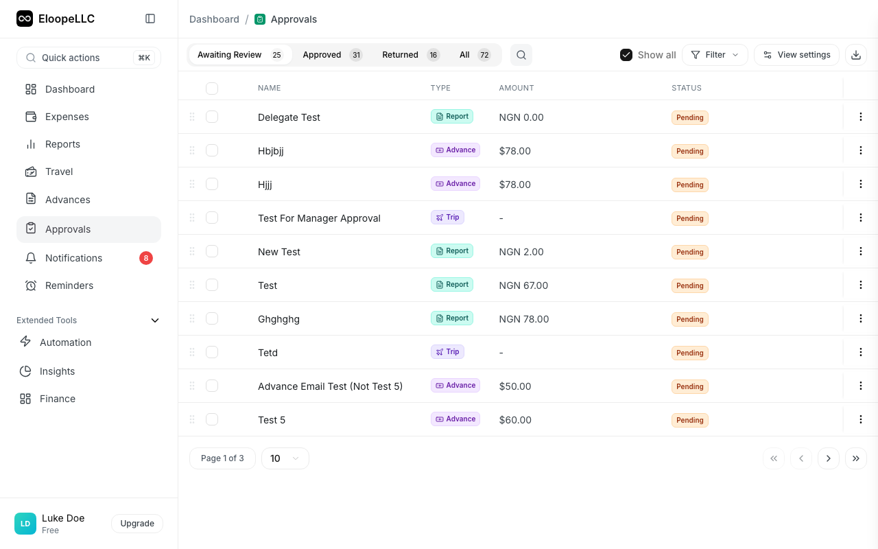 An open expense report showing the list of expenses with receipts, amounts, and categories visible