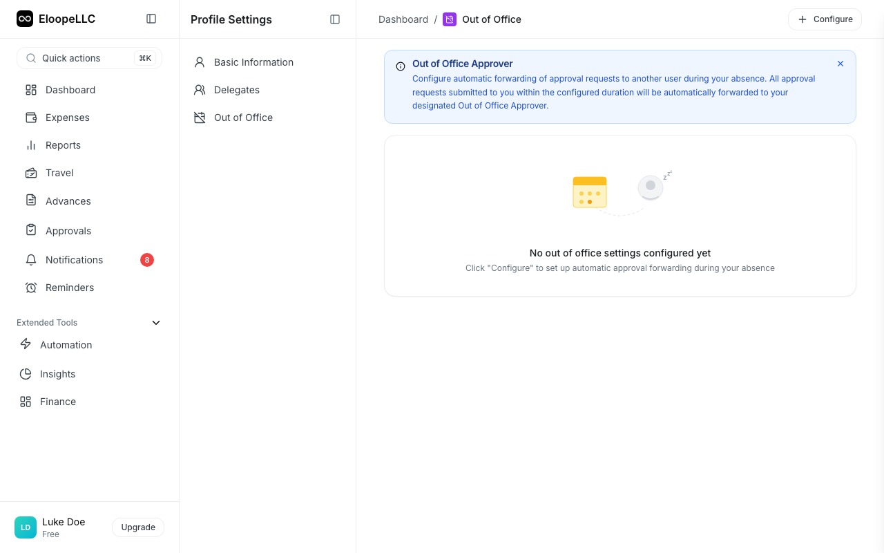 The Out of Office settings with date range fields and delegate dropdown
