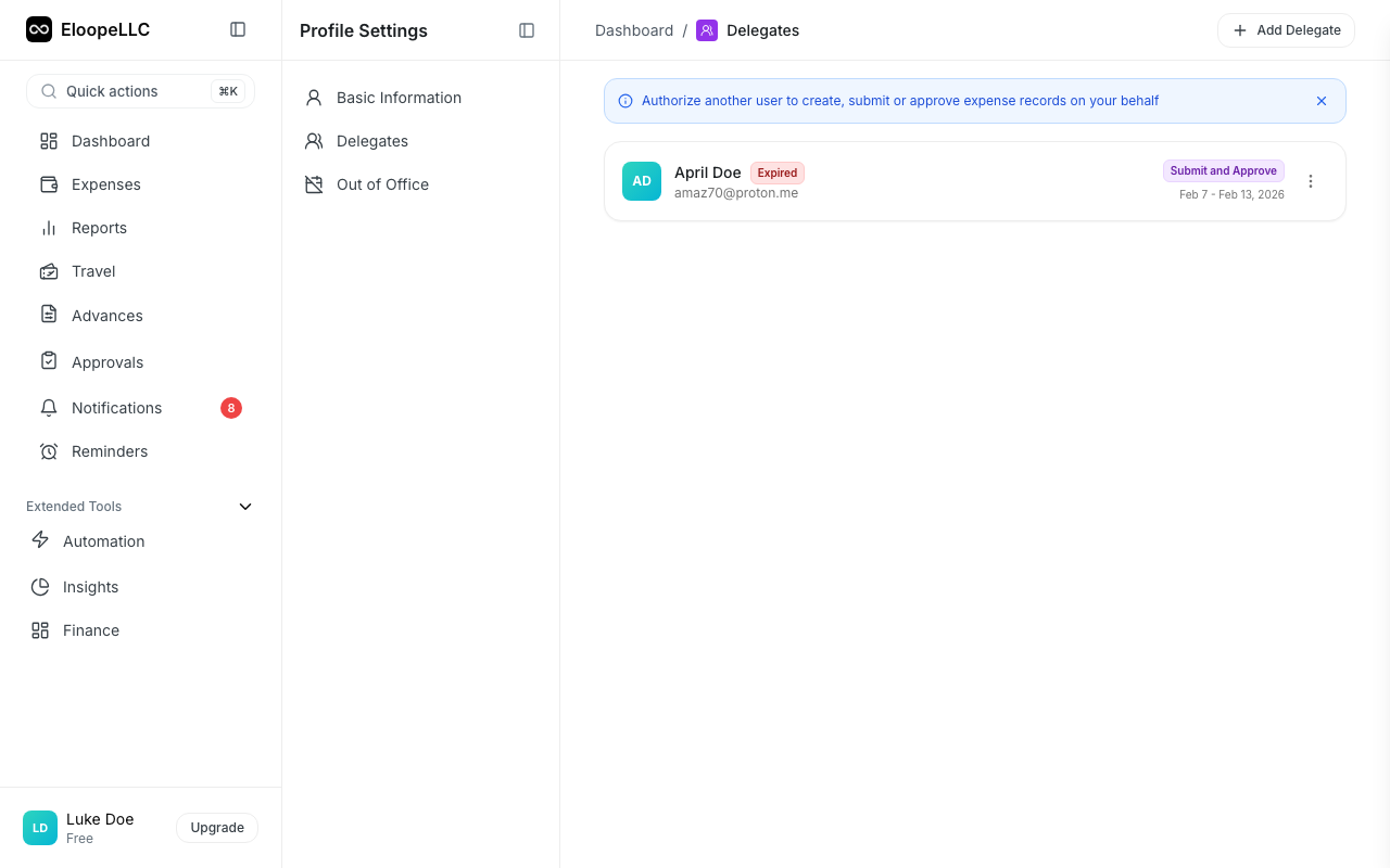 The Profile Settings Delegates page showing the Add Delegate button and a list of current delegates