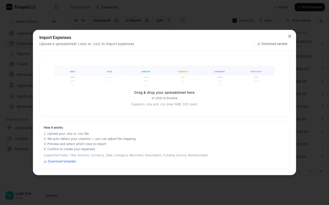 The Import dialog with the file upload area
