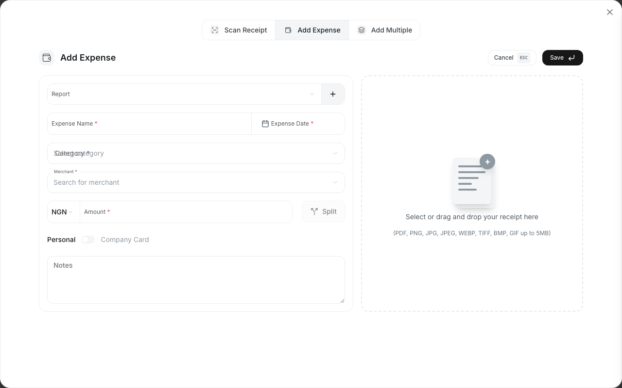 The mileage expense form showing distance input and auto-calculated amount