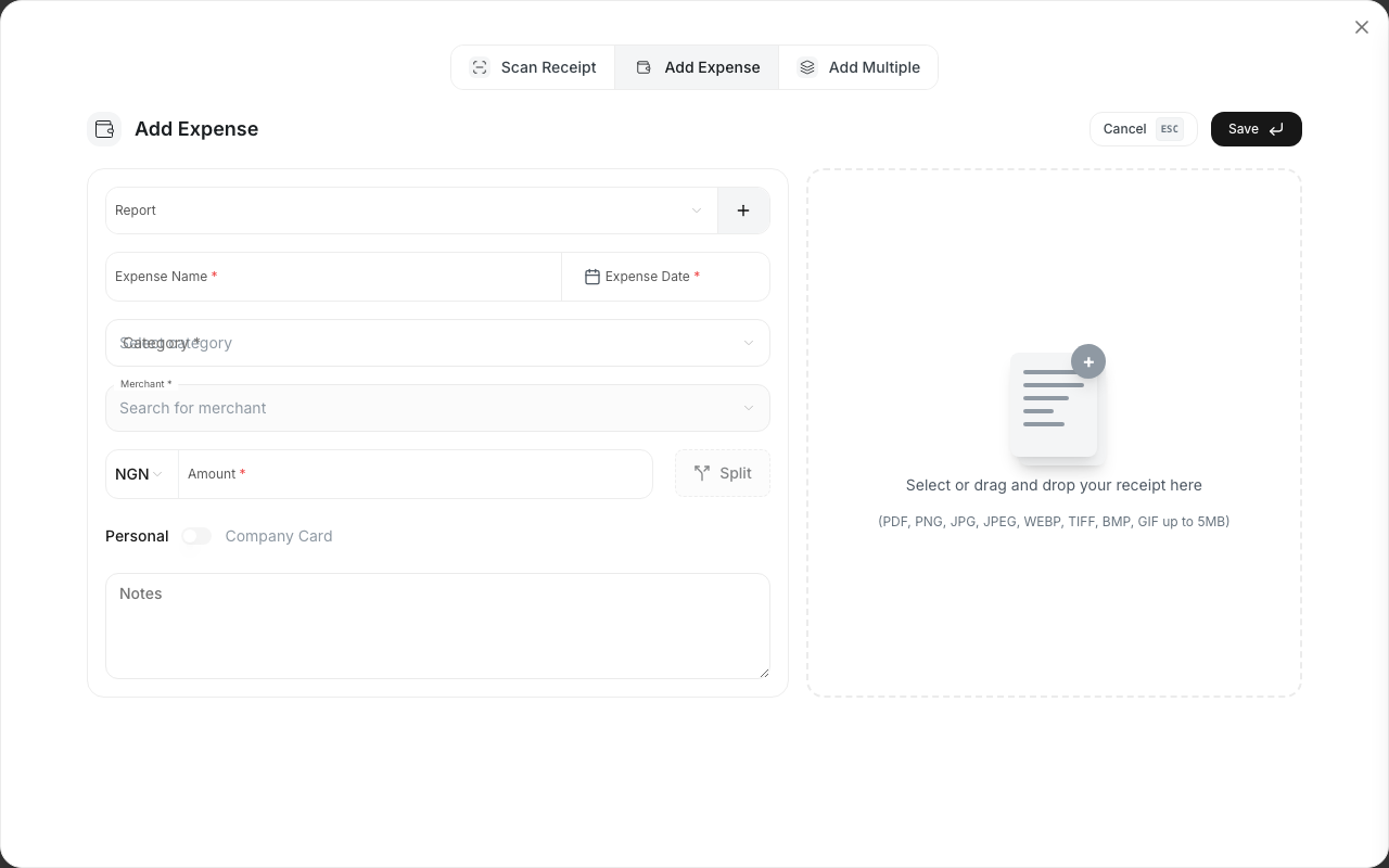 The New Expense form with a foreign currency selected and the converted amount shown