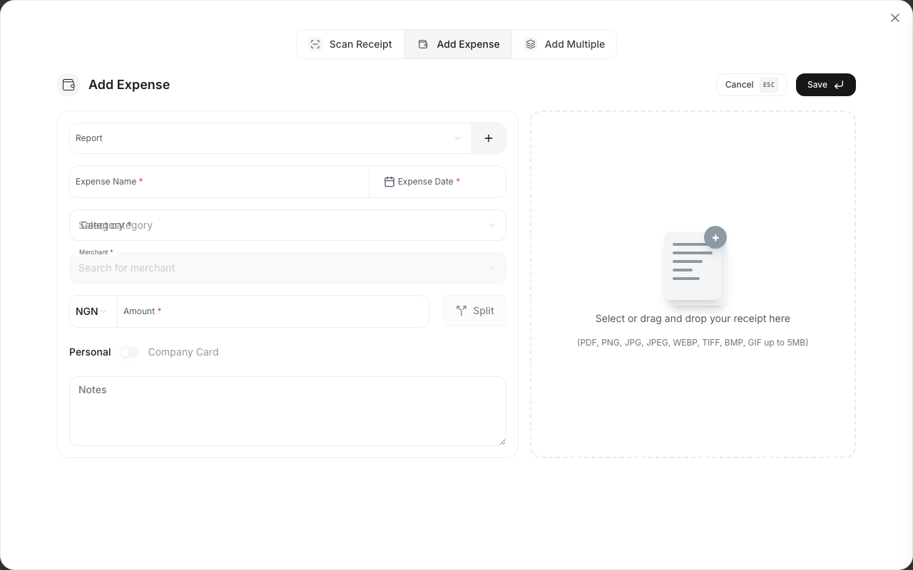 The New Expense form with required fields highlighted