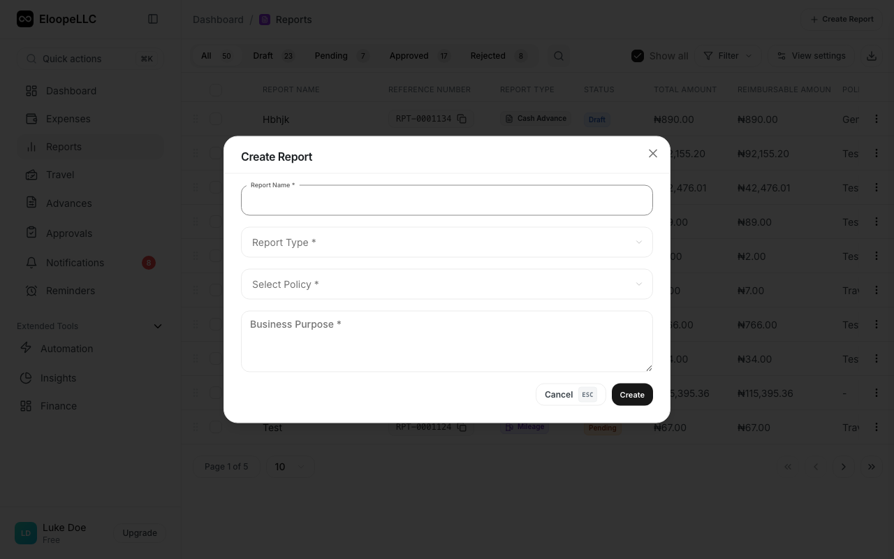 New Report page with report name field and expense selection list