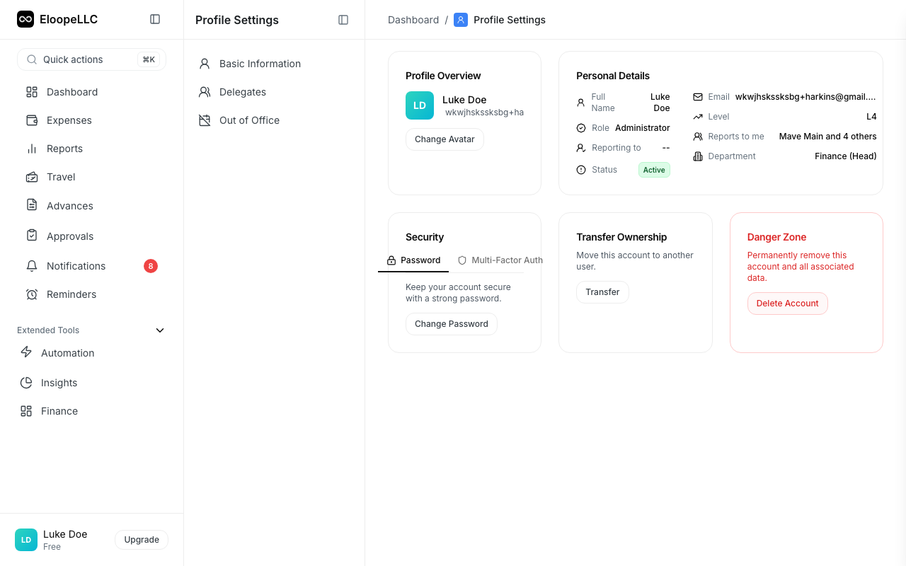 Profile Settings page with name, job title, and avatar upload fields