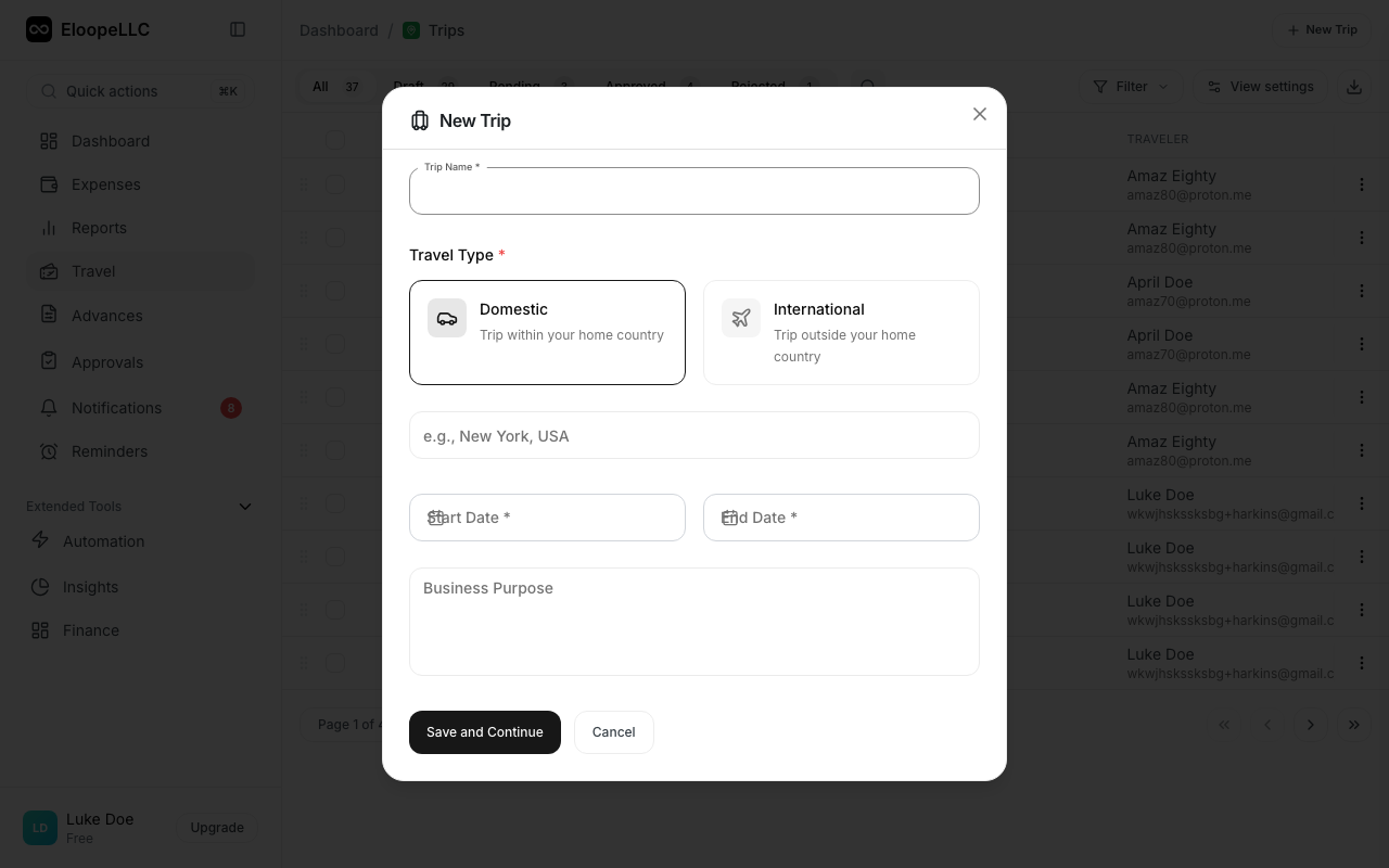 The New Trip form with required fields highlighted