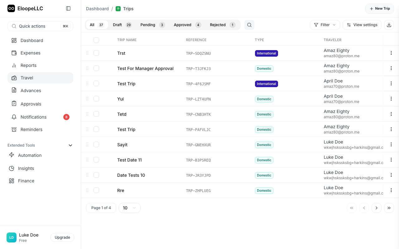 Trip detail page showing all linked expenses with totals and the Add Expense button